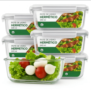 Kit 15 Potes Herméticos de Vidro + 10 Copos de Vidro Aruba de Brinde
